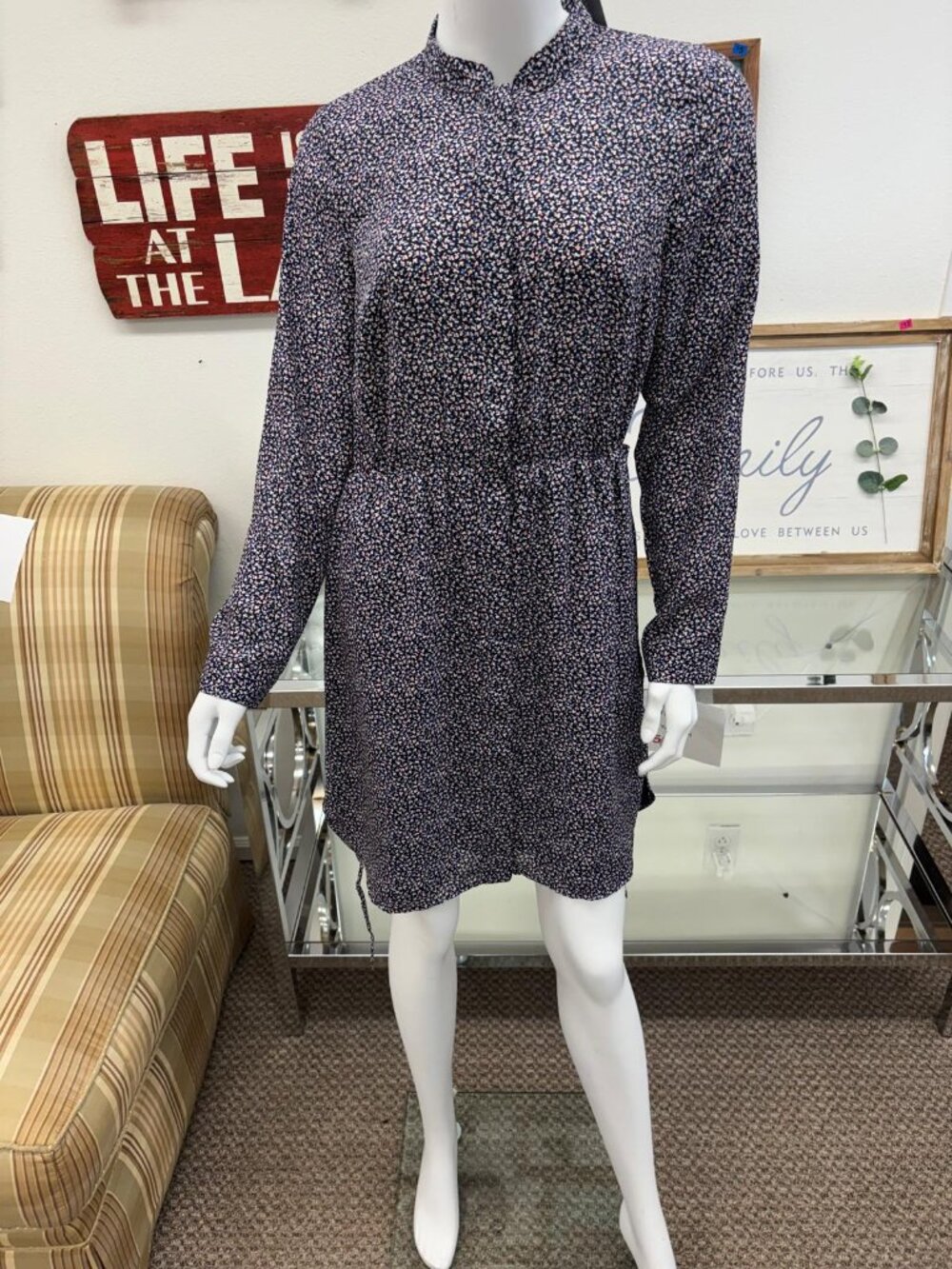 Long Sleeve Floral Shirt Dress with Elastic Waist